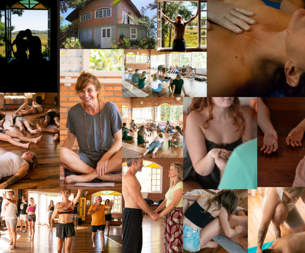 Mosaico de vivências conduzidas por Geovana Monteiro em Garopaba, com práticas corporais em grupo, massagens, exercícios de aproximação em duplas e imagens do espaço.